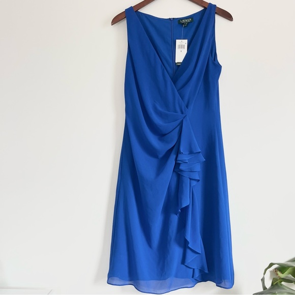 NWT Lauren Ralph Lauren Sapphire or Royal Blue Ruched Faux Wrap Dress Sz 6 - Picture 4 of 11